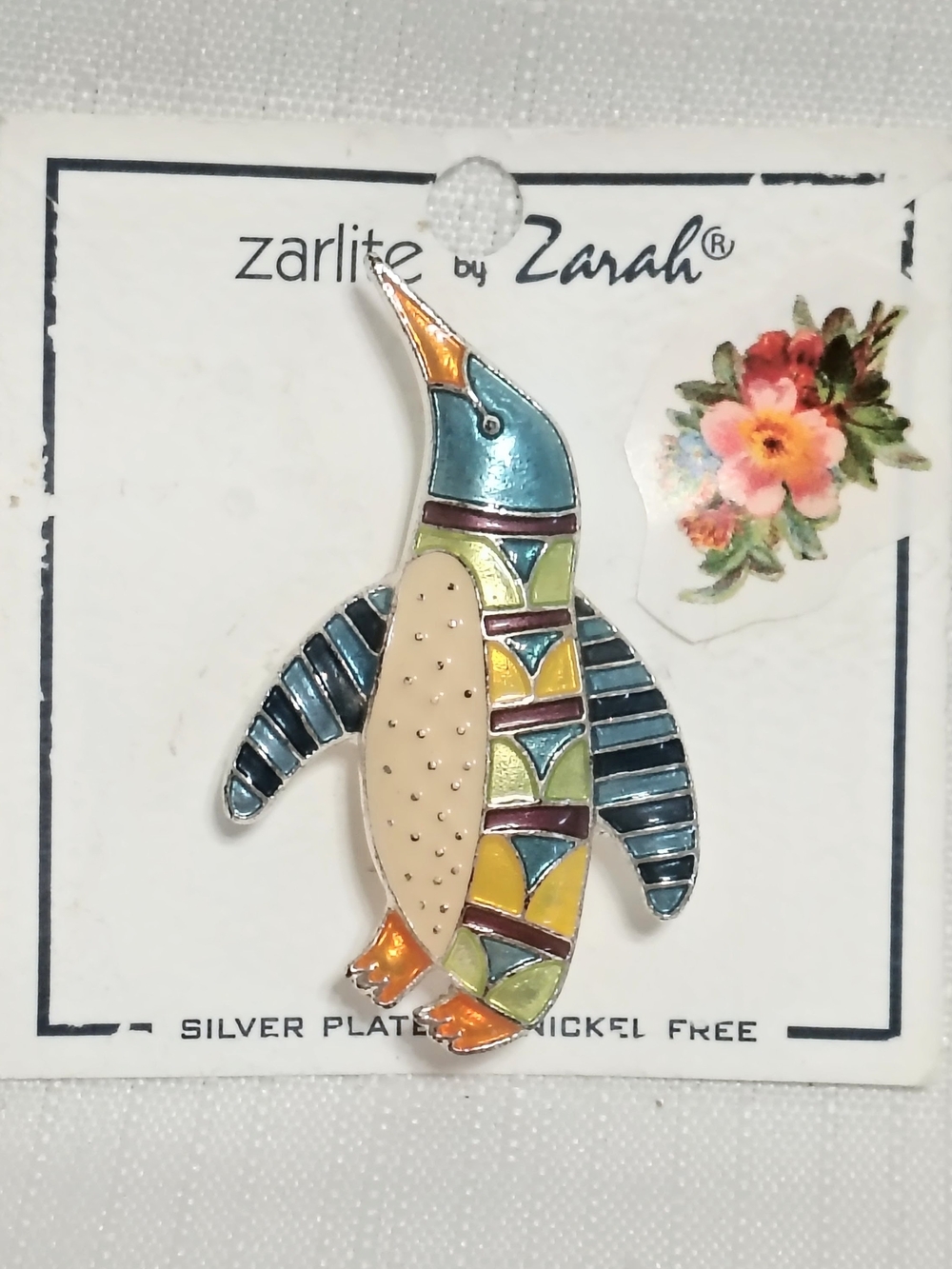 Zarah Zarlite Penguin Radiance Brooch Pin Colorful Enamel Sterling Silver Plate